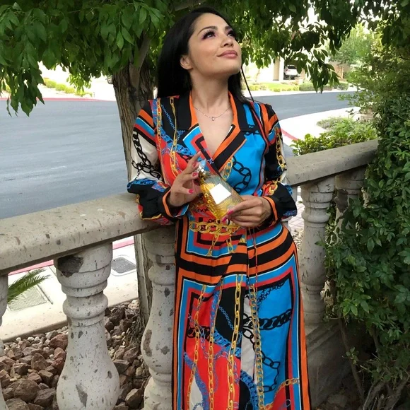 Zara | Dresses | Zara Dress Midi Blueorange Chain Link Print